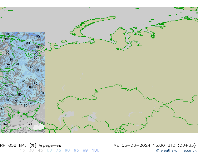 Humidité rel. 850 hPa Arpege-eu lun 03.06.2024 15 UTC