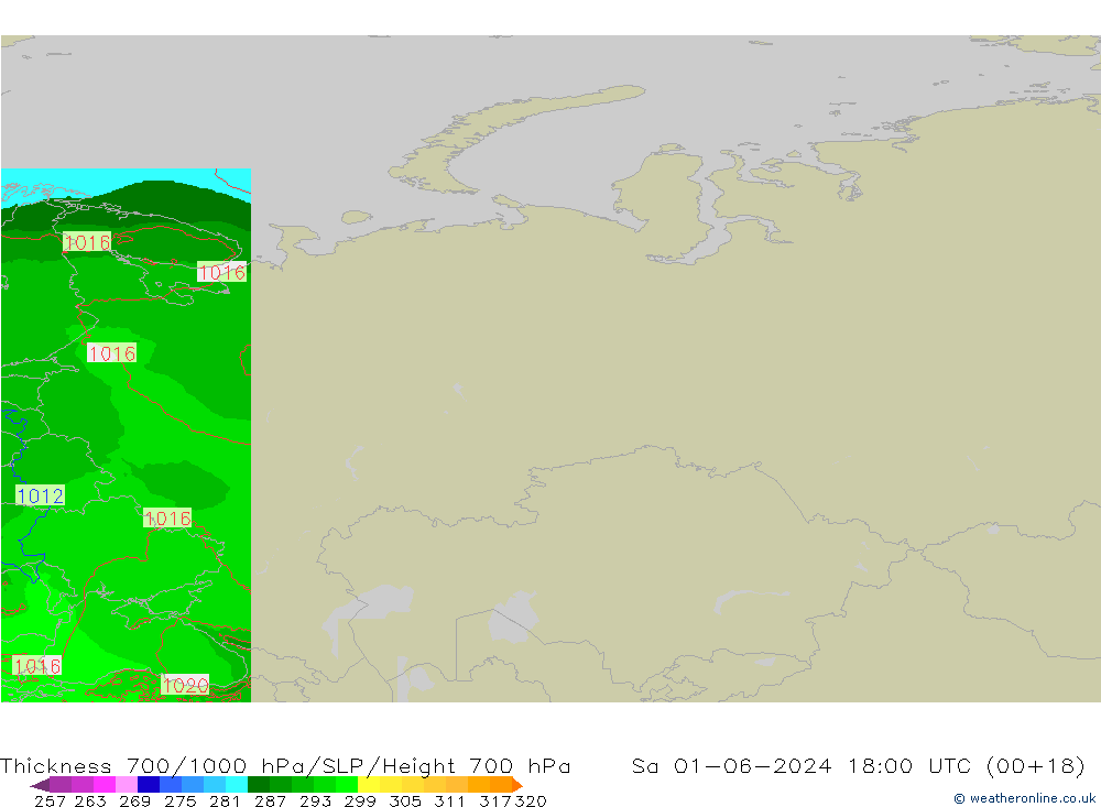 Thck 700-1000 hPa Arpege-eu So 01.06.2024 18 UTC