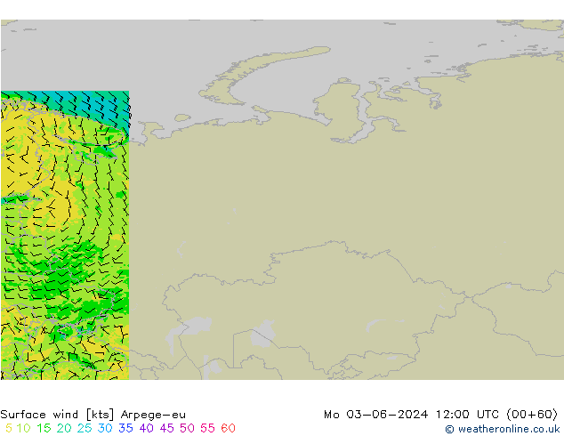 wiatr 10 m Arpege-eu pon. 03.06.2024 12 UTC