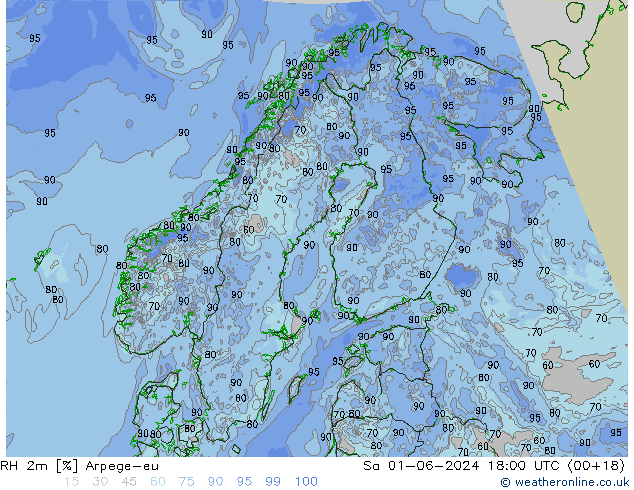 Humidité rel. 2m Arpege-eu sam 01.06.2024 18 UTC