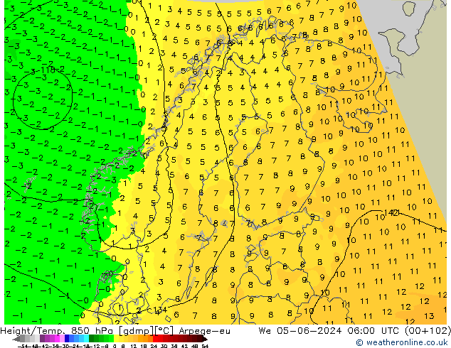 Height/Temp. 850 hPa Arpege-eu śro. 05.06.2024 06 UTC