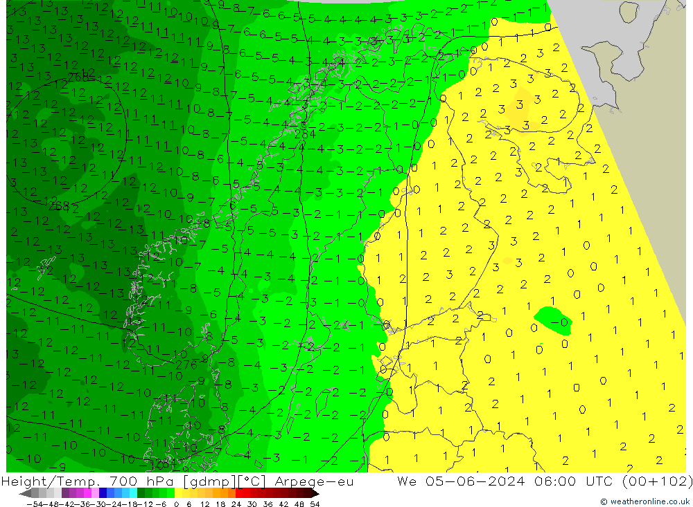 Height/Temp. 700 hPa Arpege-eu St 05.06.2024 06 UTC