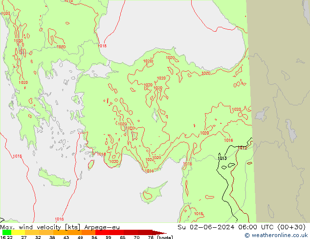 Max. wind velocity Arpege-eu nie. 02.06.2024 06 UTC