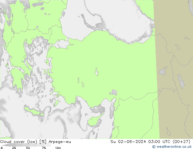 Cloud cover (low) Arpege-eu Su 02.06.2024 03 UTC
