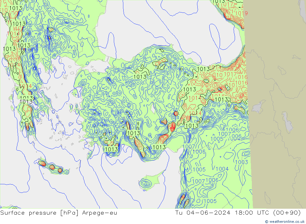 Surface pressure Arpege-eu Tu 04.06.2024 18 UTC