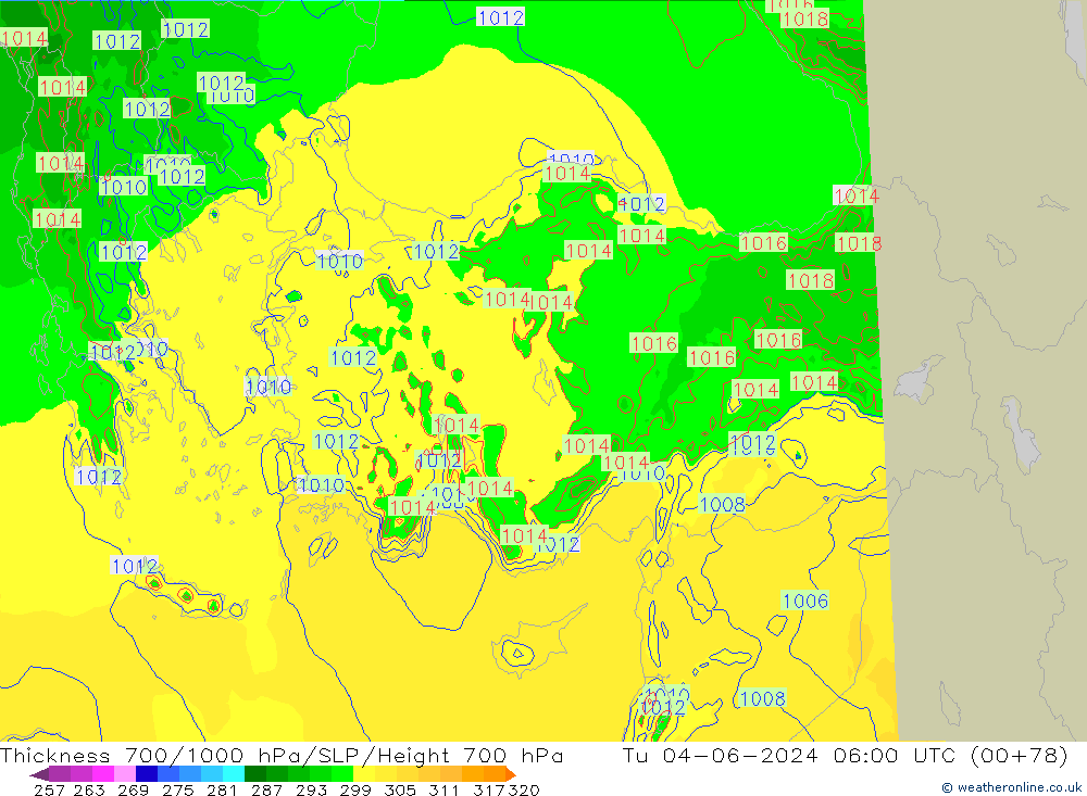 Thck 700-1000 hPa Arpege-eu Tu 04.06.2024 06 UTC