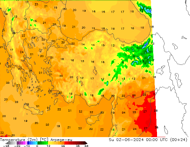 Temperature (2m) Arpege-eu Ne 02.06.2024 00 UTC