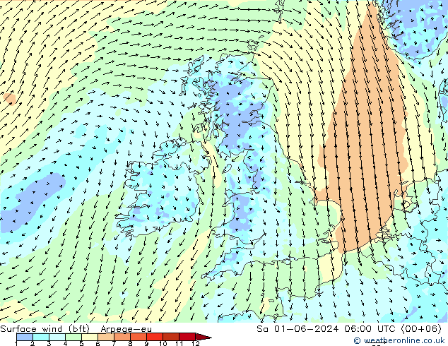 Surface wind (bft) Arpege-eu Sa 01.06.2024 06 UTC