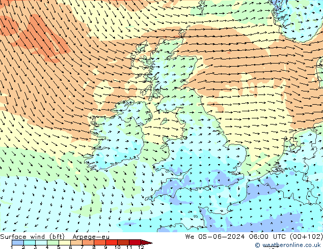 Surface wind (bft) Arpege-eu We 05.06.2024 06 UTC
