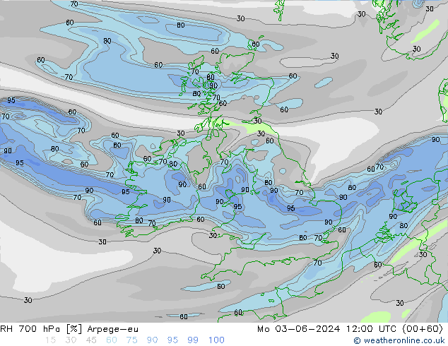 RH 700 hPa Arpege-eu Mo 03.06.2024 12 UTC