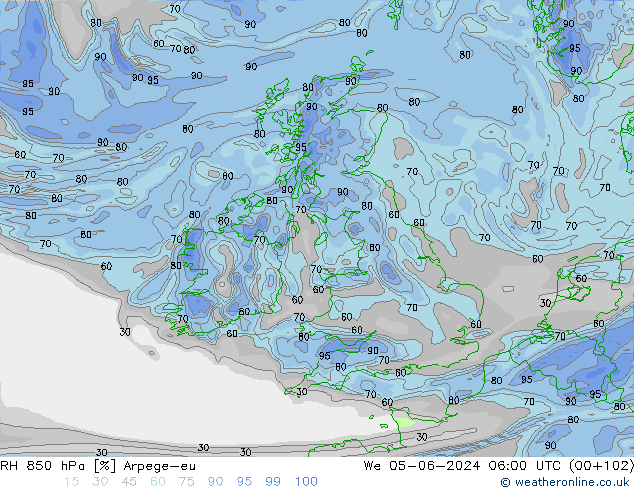 RH 850 hPa Arpege-eu  05.06.2024 06 UTC