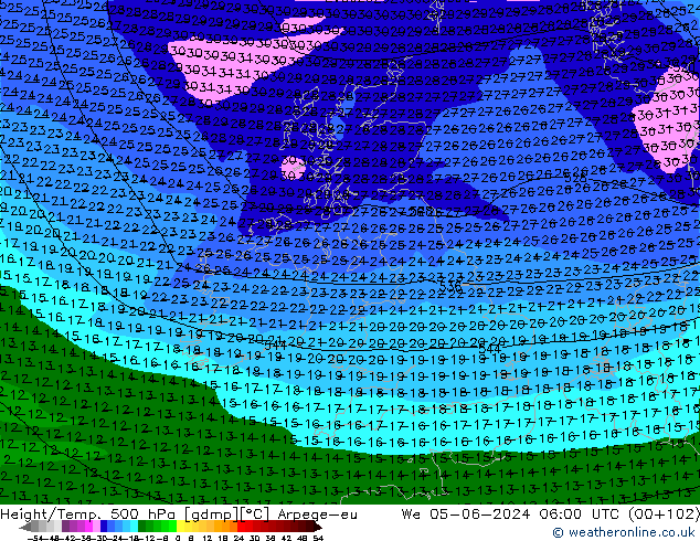 Yükseklik/Sıc. 500 hPa Arpege-eu Çar 05.06.2024 06 UTC