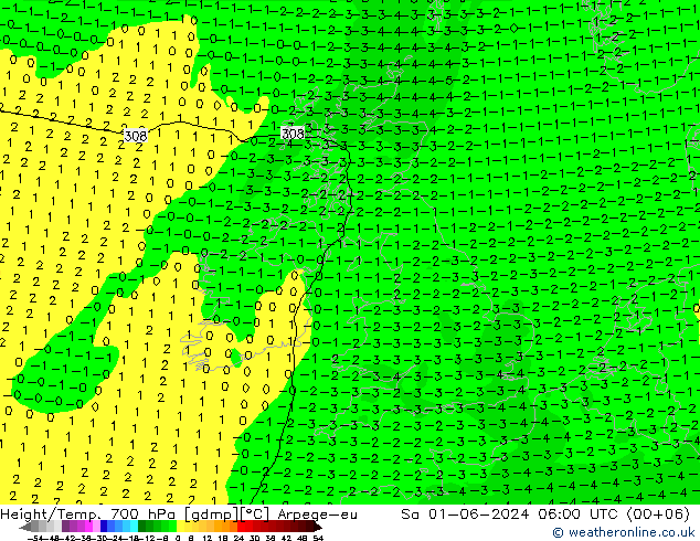 Height/Temp. 700 hPa Arpege-eu Sáb 01.06.2024 06 UTC