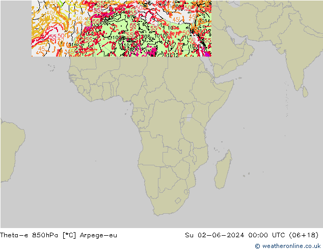 Theta-e 850hPa Arpege-eu Dom 02.06.2024 00 UTC