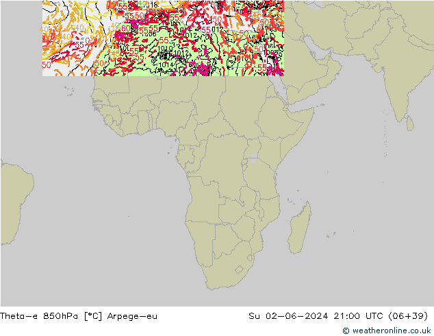 Theta-e 850hPa Arpege-eu  02.06.2024 21 UTC