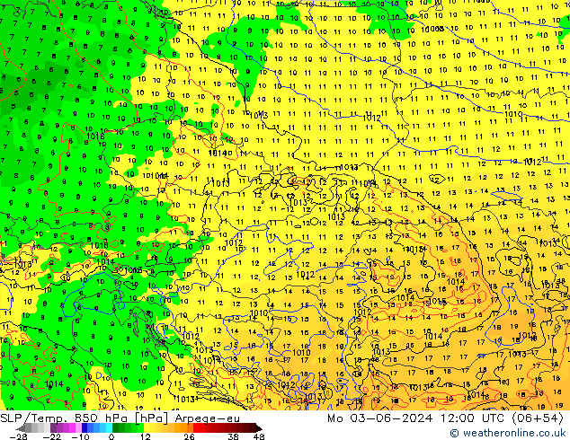 850 hPa Yer Bas./Sıc Arpege-eu Pzt 03.06.2024 12 UTC