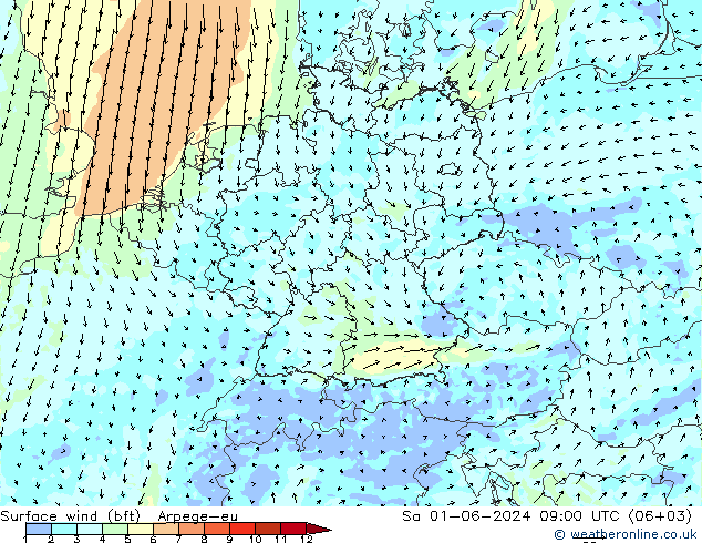 wiatr 10 m (bft) Arpege-eu so. 01.06.2024 09 UTC