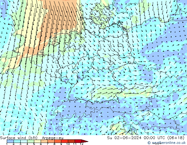 Vento 10 m (bft) Arpege-eu Dom 02.06.2024 00 UTC