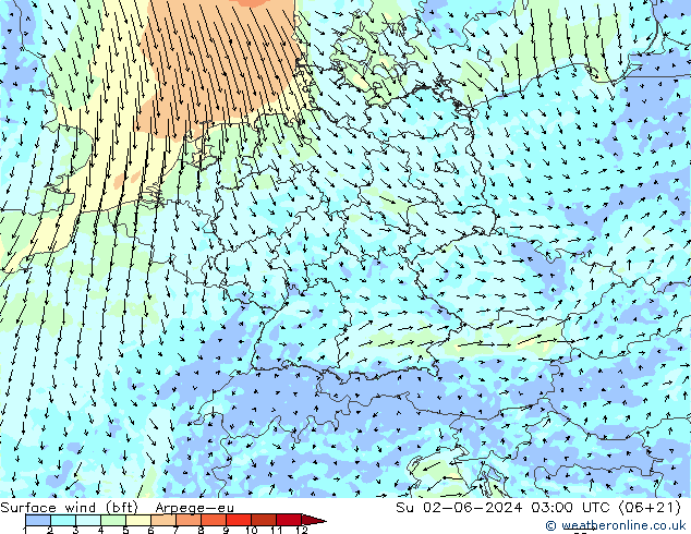 Wind 10 m (bft) Arpege-eu zo 02.06.2024 03 UTC