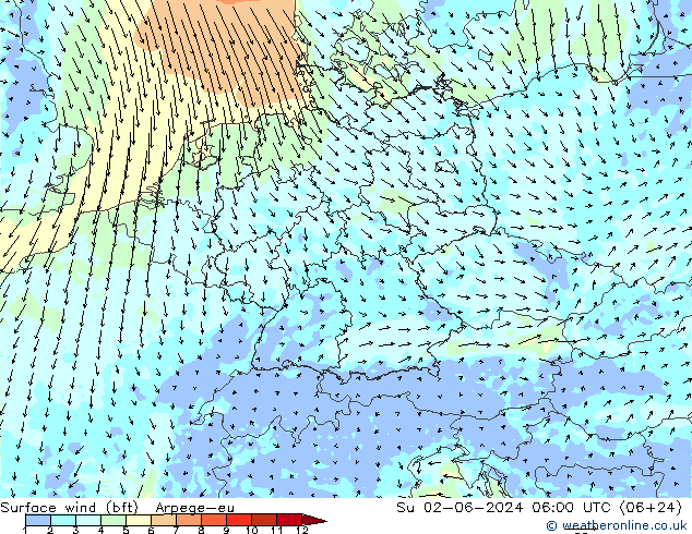 Vento 10 m (bft) Arpege-eu dom 02.06.2024 06 UTC