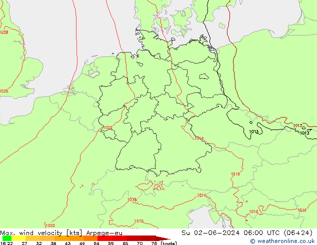 Max. wind velocity Arpege-eu dom 02.06.2024 06 UTC