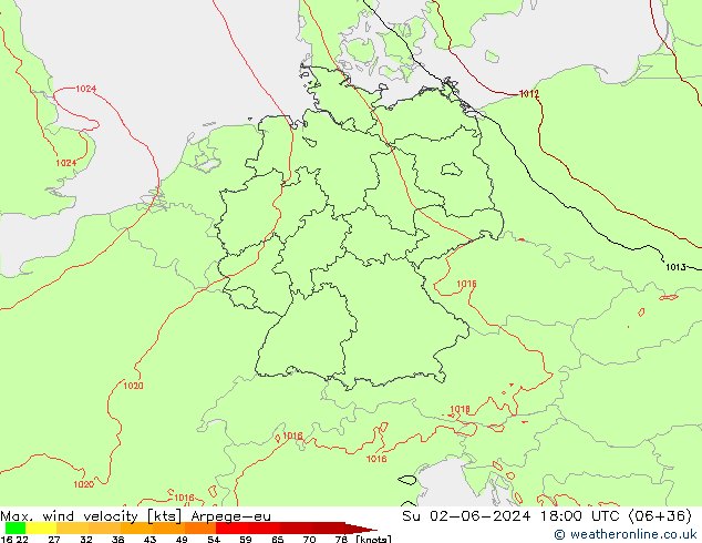 Max. wind velocity Arpege-eu Su 02.06.2024 18 UTC