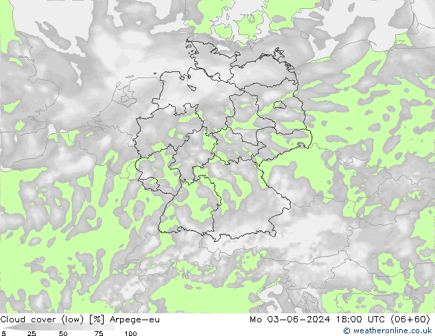 Cloud cover (low) Arpege-eu Mo 03.06.2024 18 UTC