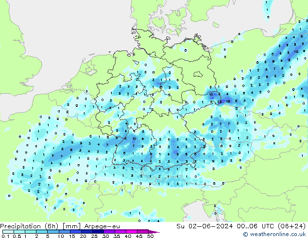 Precipitation (6h) Arpege-eu Su 02.06.2024 06 UTC
