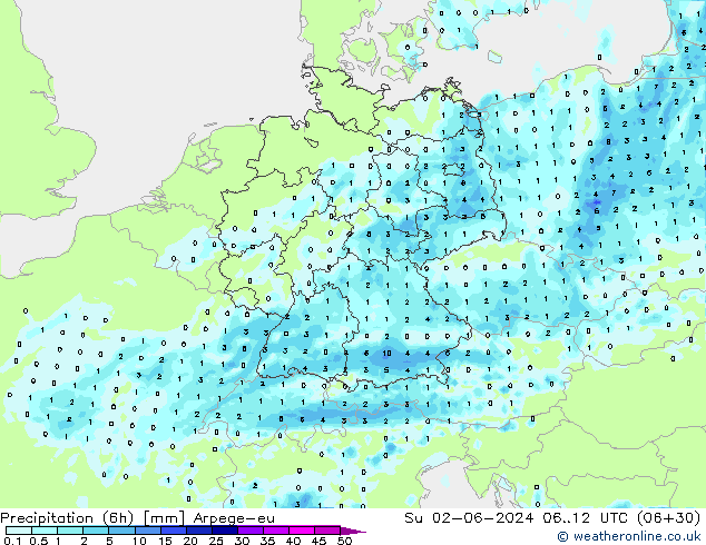 Totale neerslag (6h) Arpege-eu zo 02.06.2024 12 UTC