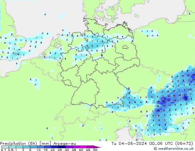 Precipitazione (6h) Arpege-eu mar 04.06.2024 06 UTC