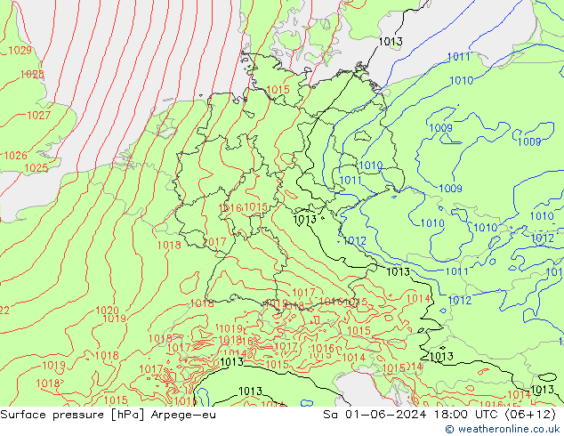Presión superficial Arpege-eu sáb 01.06.2024 18 UTC