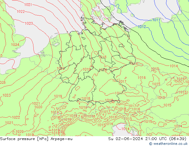 Atmosférický tlak Arpege-eu Ne 02.06.2024 21 UTC