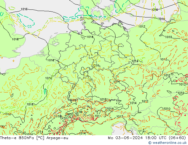 Theta-e 850hPa Arpege-eu pon. 03.06.2024 18 UTC