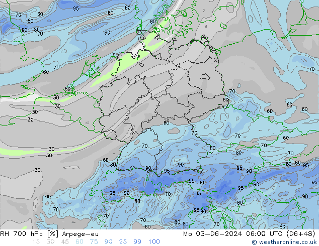 RH 700 hPa Arpege-eu Mo 03.06.2024 06 UTC