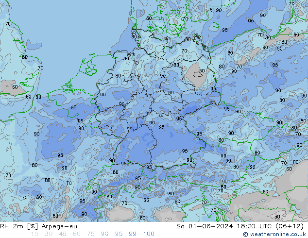 RH 2m Arpege-eu Sa 01.06.2024 18 UTC