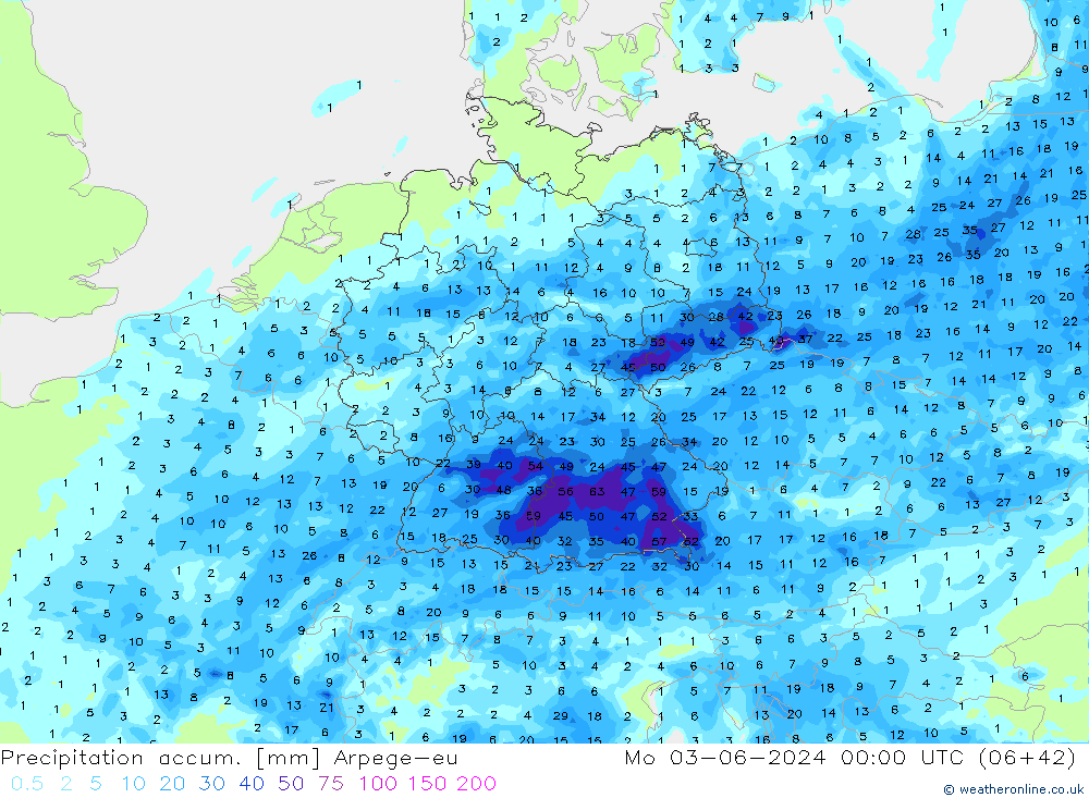 Precipitation accum. Arpege-eu Mo 03.06.2024 00 UTC