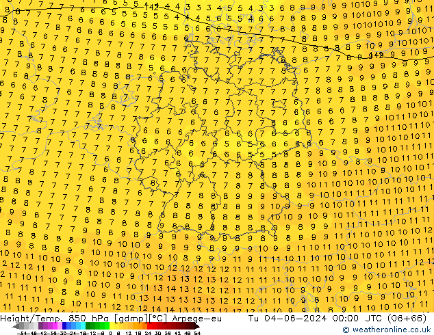 Yükseklik/Sıc. 850 hPa Arpege-eu Sa 04.06.2024 00 UTC