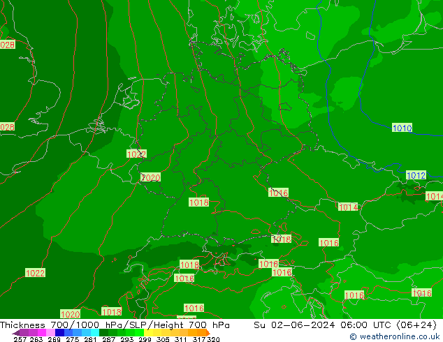 Dikte700-1000 hPa Arpege-eu zo 02.06.2024 06 UTC