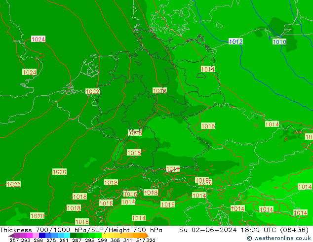 Thck 700-1000 hPa Arpege-eu Dom 02.06.2024 18 UTC