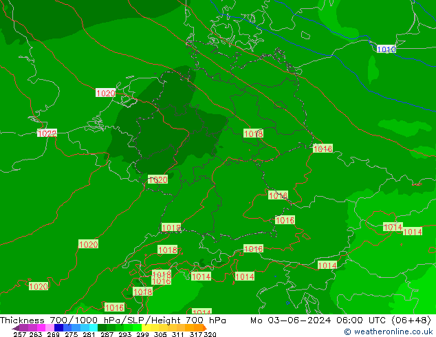 Schichtdicke 700-1000 hPa Arpege-eu Mo 03.06.2024 06 UTC