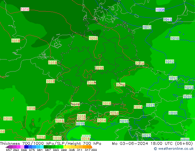 Schichtdicke 700-1000 hPa Arpege-eu Mo 03.06.2024 18 UTC