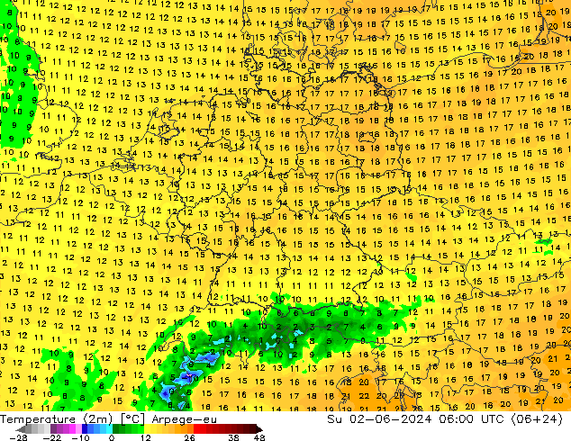 温度图 Arpege-eu 星期日 02.06.2024 06 UTC