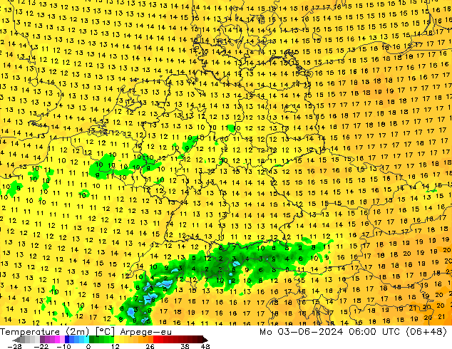 Temperatura (2m) Arpege-eu lun 03.06.2024 06 UTC