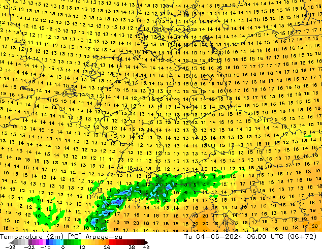 Temperatuurkaart (2m) Arpege-eu di 04.06.2024 06 UTC
