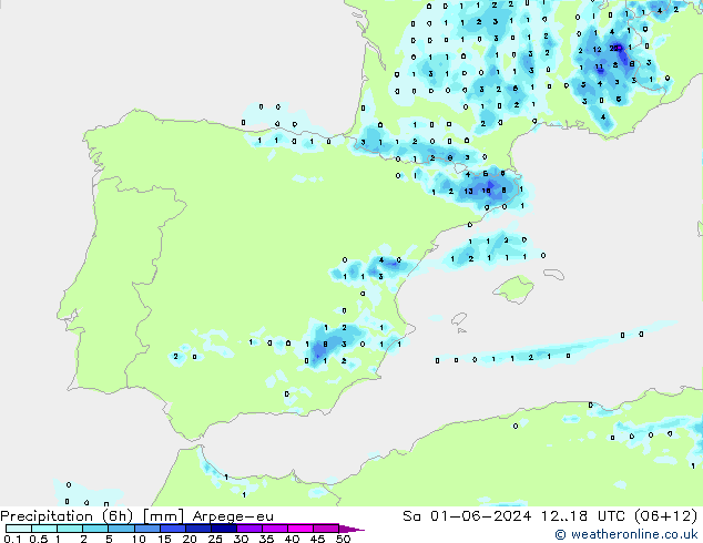 Precipitazione (6h) Arpege-eu sab 01.06.2024 18 UTC