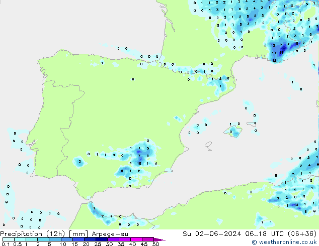 Precipitazione (12h) Arpege-eu dom 02.06.2024 18 UTC