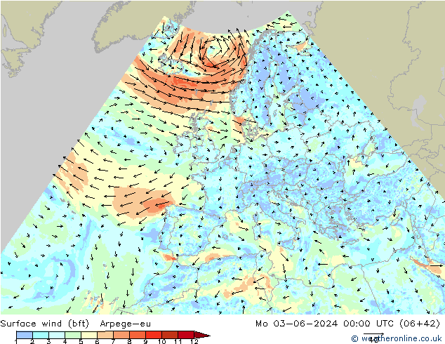 wiatr 10 m (bft) Arpege-eu pon. 03.06.2024 00 UTC