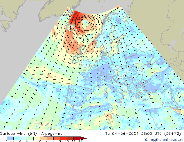 Surface wind (bft) Arpege-eu Tu 04.06.2024 06 UTC