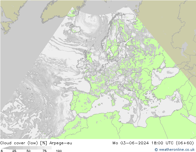 Cloud cover (low) Arpege-eu Mo 03.06.2024 18 UTC