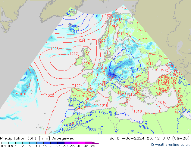 降水量 (6h) Arpege-eu 星期六 01.06.2024 12 UTC